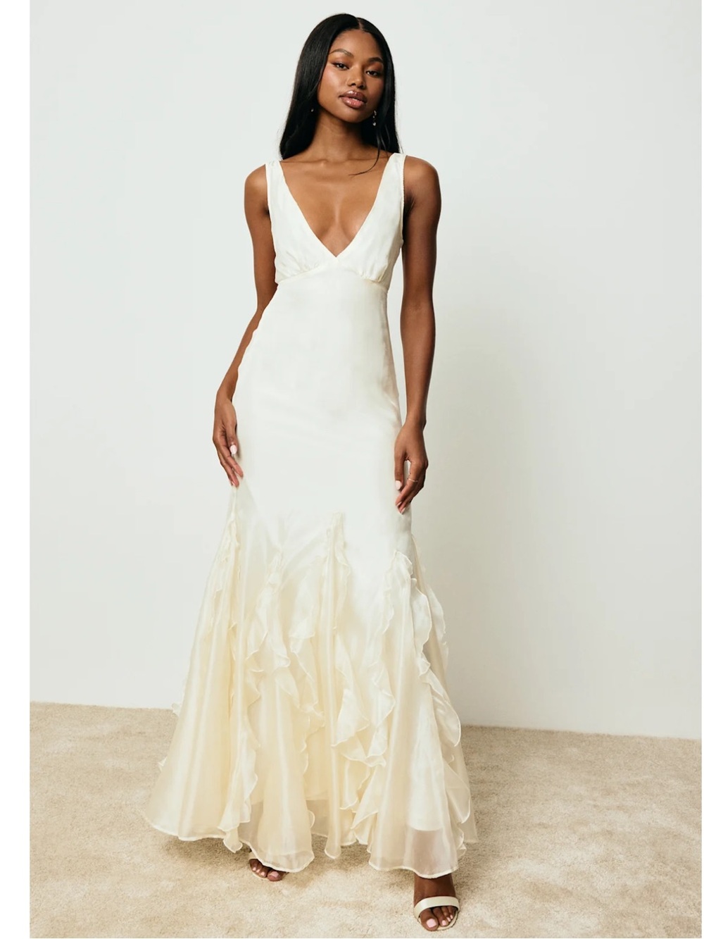 Lulus Deluca Ivory Sleeveless Ruffled V-Neck Satin Chiffon Maxi Dress Event